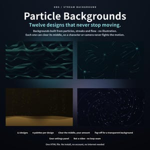 May include: A digital product display titled Particle Backgrounds featuring twelve animated designs. The image shows four distinct dark-themed backgrounds with teal waves, light streaks, gold particles, and a spiral pattern, including text details about OBS stream compatibility.