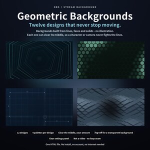 Könnte beinhalten: Eine digitale Produktanzeige für OBS-Stream-Hintergründe mit zwölf geometrischen Designs. Der Text lautet: Geometric Backgrounds, Twelve designs that never stop moving. Enthält vier Vorschaubereiche mit sechseckigen, gitterartigen und blockartigen Mustern.