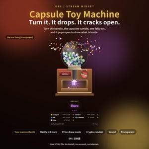 May include: An OBS stream widget featuring a digital capsule toy machine with a glass globe filled with colourful spheres. Text includes "Capsule Toy Machine," "Turn it. It drops. It cracks open," and a result panel showing "Rare" with various prize odds.