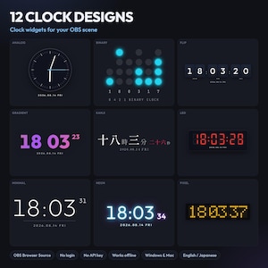 May include: A digital collection of 12 clock designs for OBS scenes, featuring various styles including analog, binary, flip, gradient, kanji, LED, minimal, neon, and pixel displays. Each widget shows time, date, and day, with labels for OBS compatibility.