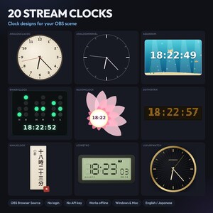 以下が含まれることがあります： OBSシーン用の20種類のストリーム時計のデジタルコレクション。アナログ、バイナリー、ドットマトリックス、LCDスタイルなど、様々なデザインが含まれています。画面には、異なる配色や数値形式を持つ複数の時計の文字盤が表示されています。