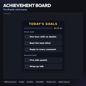 以下が含まれることがあります： ダークテーマのデジタル実績ボードインターフェース。タイトルはTODAY'S GOALSで、進捗バーは0/5を示しています。First halfとSecond halfのセクションに分かれたタスクリストがあり、One hour with no deaths、Beat the boss blind、Reply to every comment、Five side quests、Wrap-up talkが含まれています。