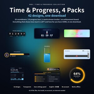 May include: A digital collection titled Time & Progress, 4 Packs featuring 42 designs including countdown timers, progress bars, a work-stream tracker, and an achievement board. The interface displays various dark-themed graphics with neon accents.