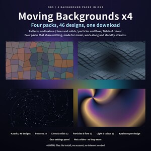 Paquete de fondos animados para OBS, 4 paquetes con 46 diseños, patrones geométricos, partículas, fondo de transmisión con degradado, descarga digital HTML.