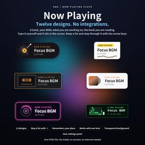 Könnte beinhalten: Ein digitales Anzeigeset mit dem Titel OBS Now Playing Plate mit zwölf Designs. Die Grafik zeigt sechs rechteckige Widgets mit dem Text Now Playing Focus BGM Lo-Fi mix, einschließlich Symbolen für eine Schallplatte, Kassette und einen Equalizer.