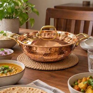 Hammered Copper Serving Handi with Lid, Indian Biryani Pot, Traditional Tableware