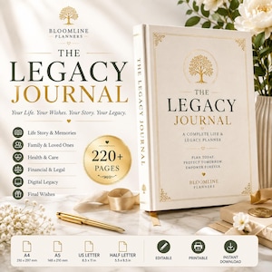 May include: A white hardcover journal titled The Legacy Journal with gold foil lettering and a tree emblem. The cover features the text A Complete Life & Legacy Planner, Plan Today. Protect Tomorrow. Empower Forever. Includes 220+ pages.