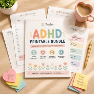 May include: A printable ADHD bundle planner set featuring a central cover page with the text ADHD PRINTABLE BUNDLE, surrounded by daily focus, brain dump, and affirmation worksheets, a heart-shaped mug, a gold pen, and colorful sticky notes.