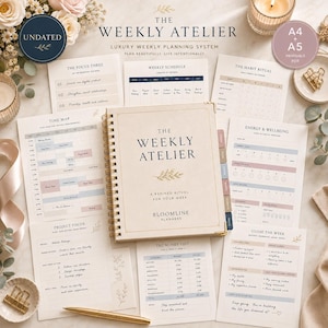May include: A spiral-bound planner titled The Weekly Atelier with a beige cover, surrounded by various planning sheets including a weekly schedule, habit tracker, time map, project focus, money edit, and energy tracker, all featuring text.