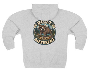 Jimothy Raccoon Zip Hoodie – Built Different Vintage Artwork, Cotton Blend