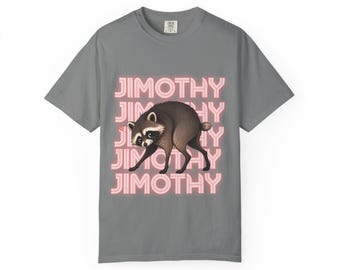 Jimothy Raccoon Name Repeat T-Shirt – Retro Pink Illustration, Garment-Dyed Cotton