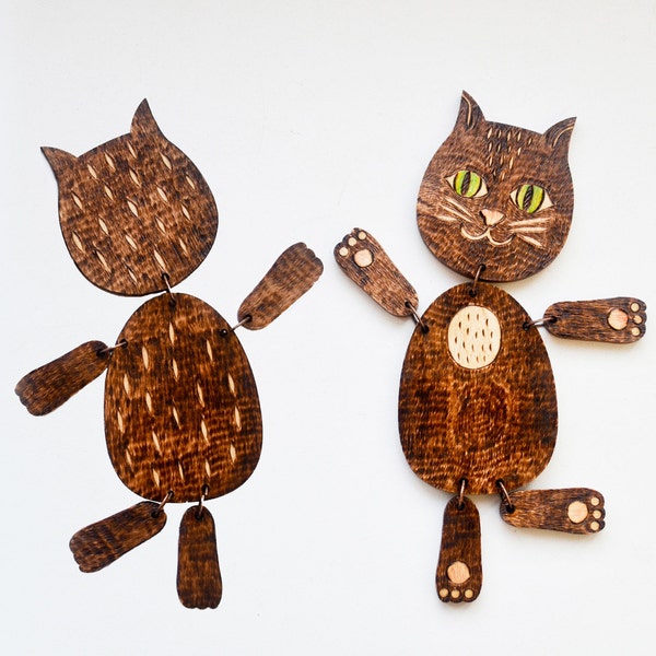 Articulated Pyrography Cat Doll - Black Cat Wood Toy -  Woodburning