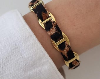 Jonc ruban léopard maille marine acier inoxydable doré ajustable, jonc  cadeau femme , maille marine acier inoxydable