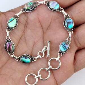 Armband aus natürlicher Abalone-Muschel, 925er Sterlingsilber, handgefertigtes Armband mit schillernden Muschelgliedern, verstellbares Schmuckgeschenk