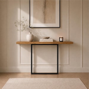 Smalle massief eiken consoletafel, slank model voor hal en entree, 14,5 cm diep, zwart stalen frame