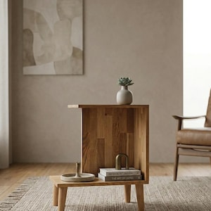 Solid Oak End Table with Open Shelf, Scandinavian Bedside Table