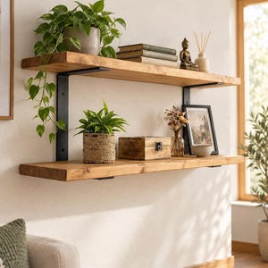 Double Pine Wall Shelf with Metal Brackets, Industrial Loft Style Shelving, Handmade