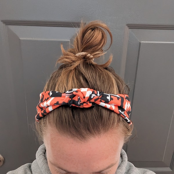 Top Knot Stretch Knit Headband - Orange Black and White Baltimore Orioles Maryland Flag O's