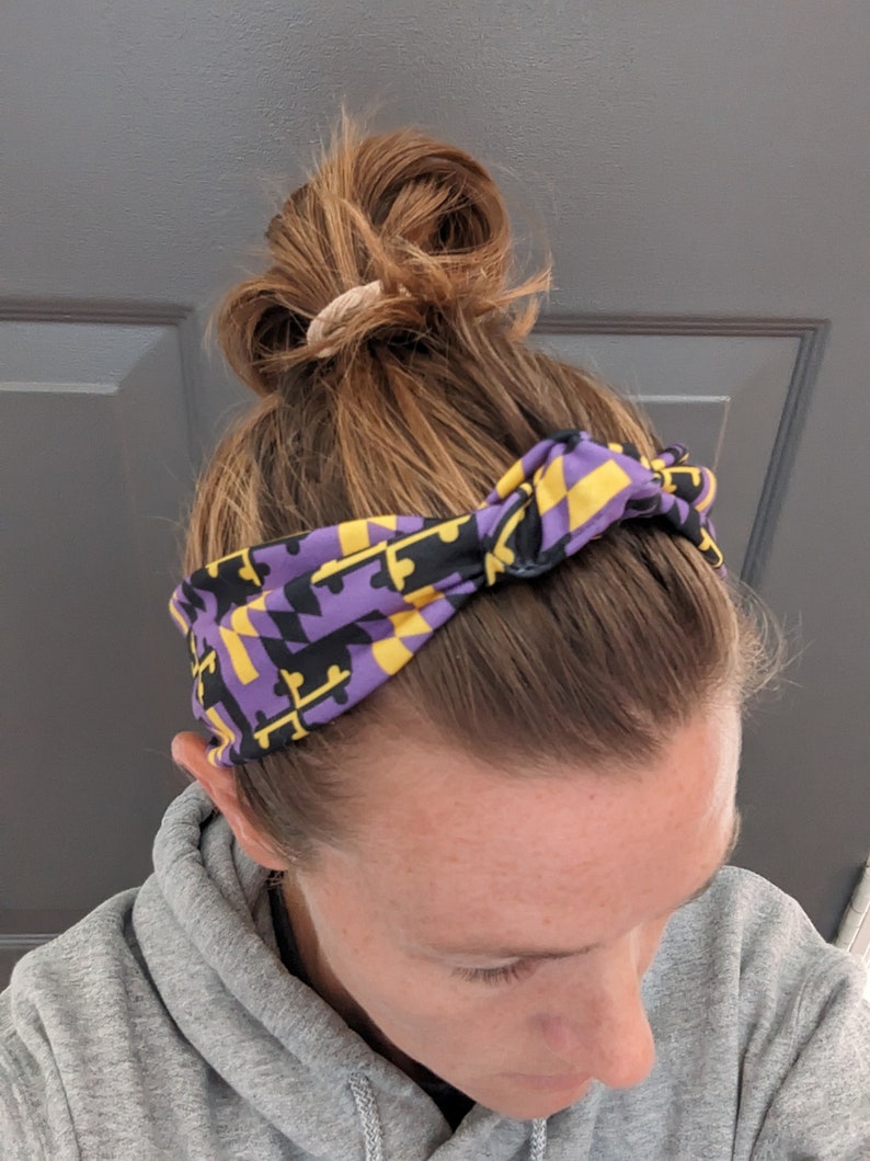 Top Knot Stretch Knit Headband Purple Black and Yellow Baltimore Ravens Maryland Flag image 2