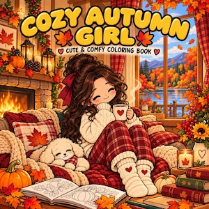 Puede incluir: Un libro para colorear titulado COZY AUTUMN GIRL CUTE & COMFY COLORING BOOK con la ilustración de una persona de pelo largo y castaño sosteniendo una taza, sentada en un sofá con un perro blanco pequeño, calabazas y hojas de otoño.