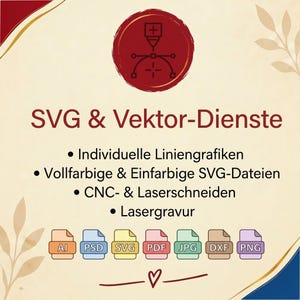Könnte beinhalten: Eine digitale Grafikwerbung für SVG- und Vektordienste mit einem roten kreisförmigen Symbol und einem Pfadwerkzeug-Symbol. Der Text lautet SVG & Vektor-Dienste, Indivuelle Liniengrafiken, Vollfarbige & Einfarbige SVG-Dateien, CNC- & Laserschneiden, Lasergravur sowie Dateisymbole für AI, PSD, SVG, PDF, JPG, DXF, PNG.