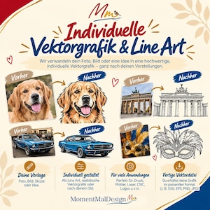 Könnte beinhalten: Eine Werbegrafik für einen Designservice mit dem Titel Individuelle Vektorgrafik & Line Art. Sie zeigt Vorher-Nachher-Beispiele eines Hundes, des Brandenburger Tors, eines blauen Autos und einer Maske zur Vektorisierung.