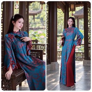 Women’s Modern Ao Dai, Peach Blossom Brocade Silk Dress, Split Sleeve Vietnamese Traditional Outfit, Tet Wedding Dress, áo dài lụa gấm