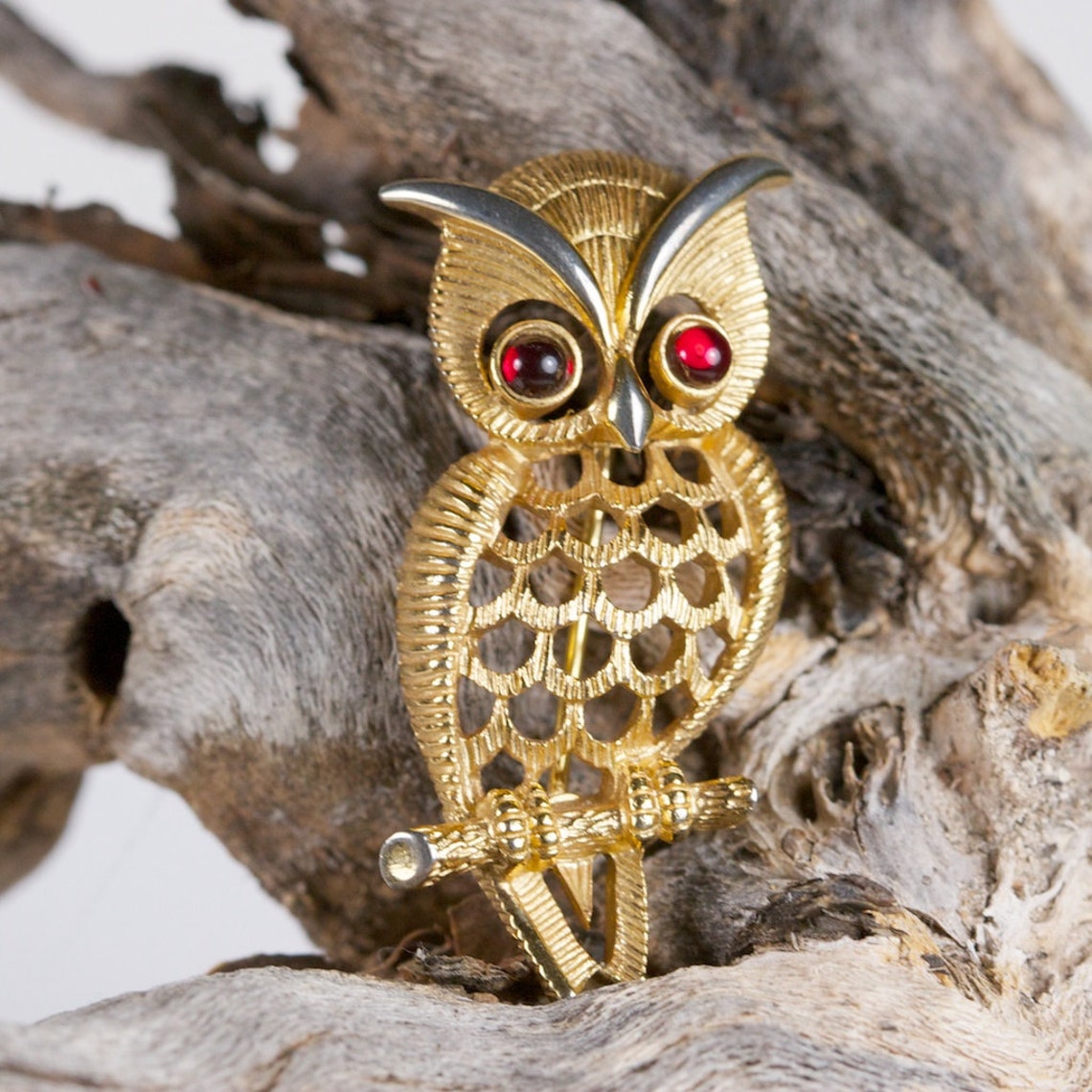 Vintage Avon Owl Brooch Red Cabochon Eye Gold Tone 1970s Etsy
