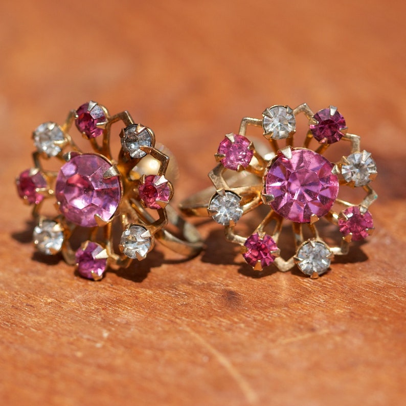Vintage Pink and Clear Rhinestone Screw Back Earrings Pink Etsy