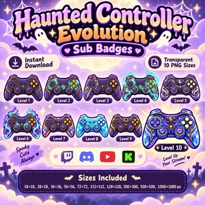 May include: A digital set of ten Haunted Controller Evolution sub badges featuring purple and black game controllers with various spooky designs, glowing effects, and spiderwebs. Includes text labels for levels 1 through 10 and platform icons.