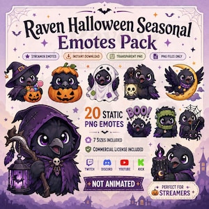 Könnte beinhalten: Ein digitales Raven Halloween Seasonal Emotes Pack mit 20 statischen PNG-Emotes von Zeichentrick-Raben in verschiedenen Kostümen, darunter Hexe, Geist und Sensenmann. Die Grafik enthält Textbeschriftungen wie 20 STATIC PNG EMOTES und Plattform-Icons.