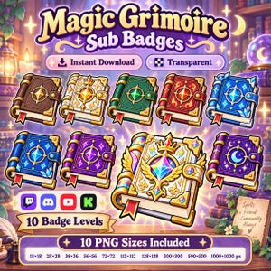 Op de afbeelding: Een digitale collectie van tien Magic Grimoire sub-badges met geïllustreerde boeken in diverse kleuren zoals bruin, wit, groen, rood en blauw. Elk boek toont gouden accenten, edelstenen en symbolen. De tekst bevat Magic Grimoire Sub Badges.