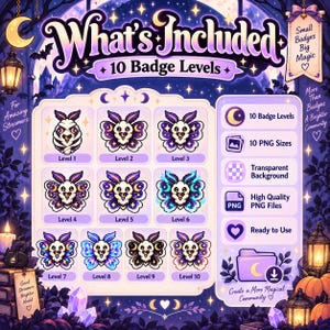 May include: A digital graphic set titled What's Included 10 Badge Levels featuring ten moth-themed icons in purple and blue hues. The display shows levels one through ten, with icons for PNG sizes, transparent backgrounds, and high-quality files.