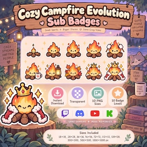 May include: A digital set of ten campfire-themed subscriber badges featuring a cute flame character with a smiling face. The icons show the flame evolving with accessories like marshmallows, a lantern, autumn leaves, and a royal crown and robe.