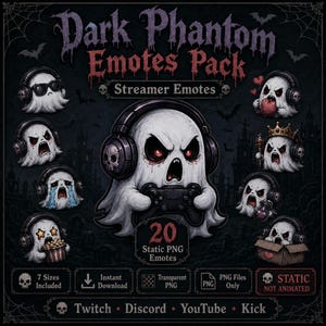 Op de afbeelding: Een digitale collectie genaamd Dark Phantom Emotes Pack met 20 statische PNG-emotes van witte geesten met koptelefoons. De geesten worden afgebeeld met verschillende uitdrukkingen en activiteiten, waaronder gamen, huilen en het dragen van een kroon.