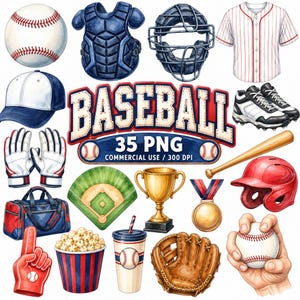 Peut inclure: Une collection d'illustrations sur le thème du baseball incluant une balle, un plastron, un masque, un maillot, une casquette, des chaussures, des gants, une batte, un casque, un trophée, une médaille, un sac, du pop-corn, un gobelet et un terrain.