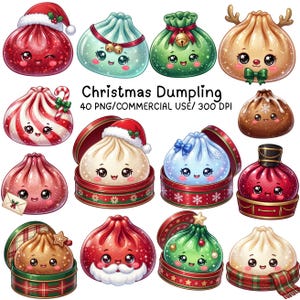 Puede incluir: Una colección de ilustraciones digitales que muestran lindas albóndigas antropomórficas con caras, decoradas con temas navideños como gorros de Papá Noel, astas de reno, bastones de caramelo y cajas de regalo, con el texto Christmas Dumpling 40 PNG/COMMERCIAL USE/ 300 DPI.
