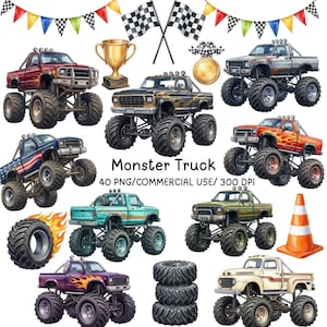 Puede incluir: Una colección de ilustraciones en acuarela que muestran varios camiones monstruo, banderas a cuadros, un trofeo dorado, una medalla de oro, un cono de tráfico y pilas de neumáticos. El texto dice Monster Truck 40 PNG/COMMERCIAL USE/ 300 DPI.
