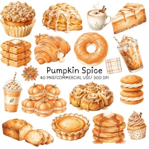 Puede incluir: Una colección de ilustraciones en acuarela con dulces de especias de calabaza, incluyendo un muffin, scone, latte, tarta de queso, gofres, croissant, donut, café helado, galletas, rollos de canela, pan, tarta, tortitas y un cupcake con texto.