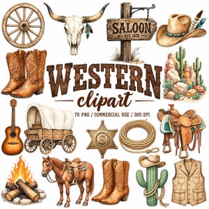 Puede incluir: Una colección de ilustraciones digitales con temática del Oeste que incluye una rueda de carro de madera, un cráneo de buey, un letrero de saloon, un sombrero de vaquero, botas de cuero, cactus, una guitarra, una carreta, una estrella de sheriff, un lazo, una silla de montar, una fogata, un caballo y un chaleco.