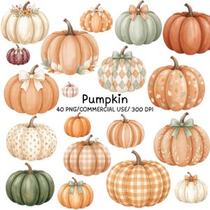 Puede incluir: Una colección de ilustraciones digitales con varias calabazas en tonos naranja, verde y crema. Algunas son sólidas, mientras que otras presentan patrones como cuadros vichy, tartán o estampados florales, y varias están adornadas con lazos.