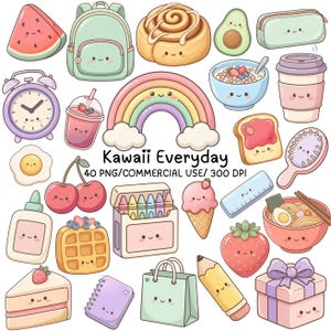 May include: A collection of digital stickers featuring various items including a watermelon slice, backpack, cinnamon roll, avocado, pencil case, alarm clock, smoothie, rainbow, cereal bowl, coffee cup, fried egg, toast, hairbrush, cherries, glue, waffle, crayons, ice cream, ruler, ramen, strawberry, cake, notebook, shopping bag, pencil, and gift box with the text Kawaii Everyday 40 PNG/COMMERCIAL USE/ 300 DPI.