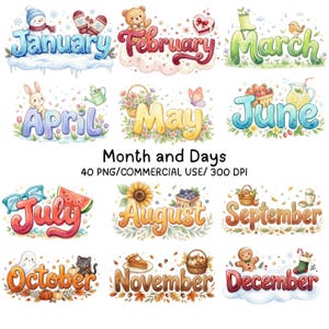 Pode incluir: Uma coleção digital de doze cabeçalhos de calendário mensal com ilustrações sazonais para cada mês, incluindo um boneco de neve para janeiro, um ursinho de pelúcia para fevereiro, um coelho para abril e um boneco de gengibre para dezembro, com o texto Month and Days.