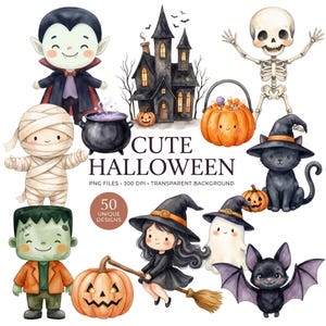 May include: A collection of watercolor Halloween illustrations featuring a vampire, a haunted house, a skeleton, a mummy, a cauldron, a pumpkin bucket, a black cat, a Frankenstein monster, a witch, a ghost, a bat, and text reading CUTE HALLOWEEN.