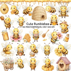Peut inclure: Une collection d'illustrations numériques représentant des bourdons de dessin animé, des rayons de miel, des ruches, des pots de miel et des fleurs. Le texte "Cute Bumblebee 40 PNG/COMMERCIAL USE/ 300 DPI" est centré parmi les éléments graphiques.