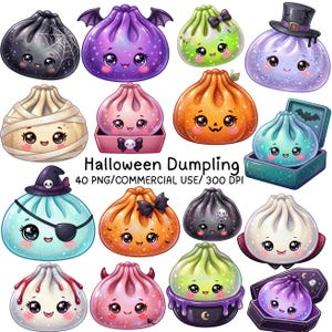 Peut inclure: Une collection de quinze illustrations de raviolis de dessin animé sur le thème d'Halloween, incluant des personnages avec des toiles d'araignée, des ailes de chauve-souris, des bandelettes de momie, des chapeaux de sorcière et des capes de vampire. Le texte indique Halloween Dumpling 40 PNG/COMMERCIAL USE/ 300 DPI.