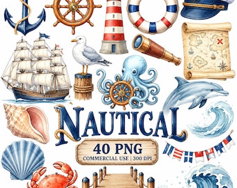 Akvarell nautisk clipart-paket, marint liv, kustelement (digital nedladdning)