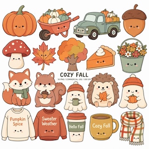 Puede incluir: Una colección de ilustraciones digitales con motivos otoñales que incluyen calabaza, carretilla, camión, bellota, seta, hoja, árbol, tarta, flores, zorro, ardilla, fantasmas, jerséis, taza de café, taza y bufanda con el texto COZY FALL.