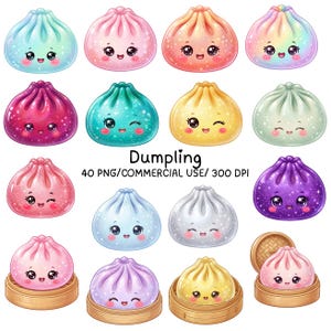 May include: A collection of fourteen cartoon dumpling illustrations in various colors including blue, pink, orange, rainbow, purple, yellow, and green, some featuring glitter effects and bamboo steamer baskets, with the text Dumpling 40 PNG/COMMERCIAL USE/ 300 DPI.