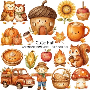 May include: A collection of watercolor illustrations featuring fall-themed characters and objects including owls, an acorn house, a sunflower, a pumpkin pie, a truck, a scarecrow, a squirrel, and a mushroom with the text Cute Fall 40 PNG/COMMERCIAL USE/ 300 DPI.